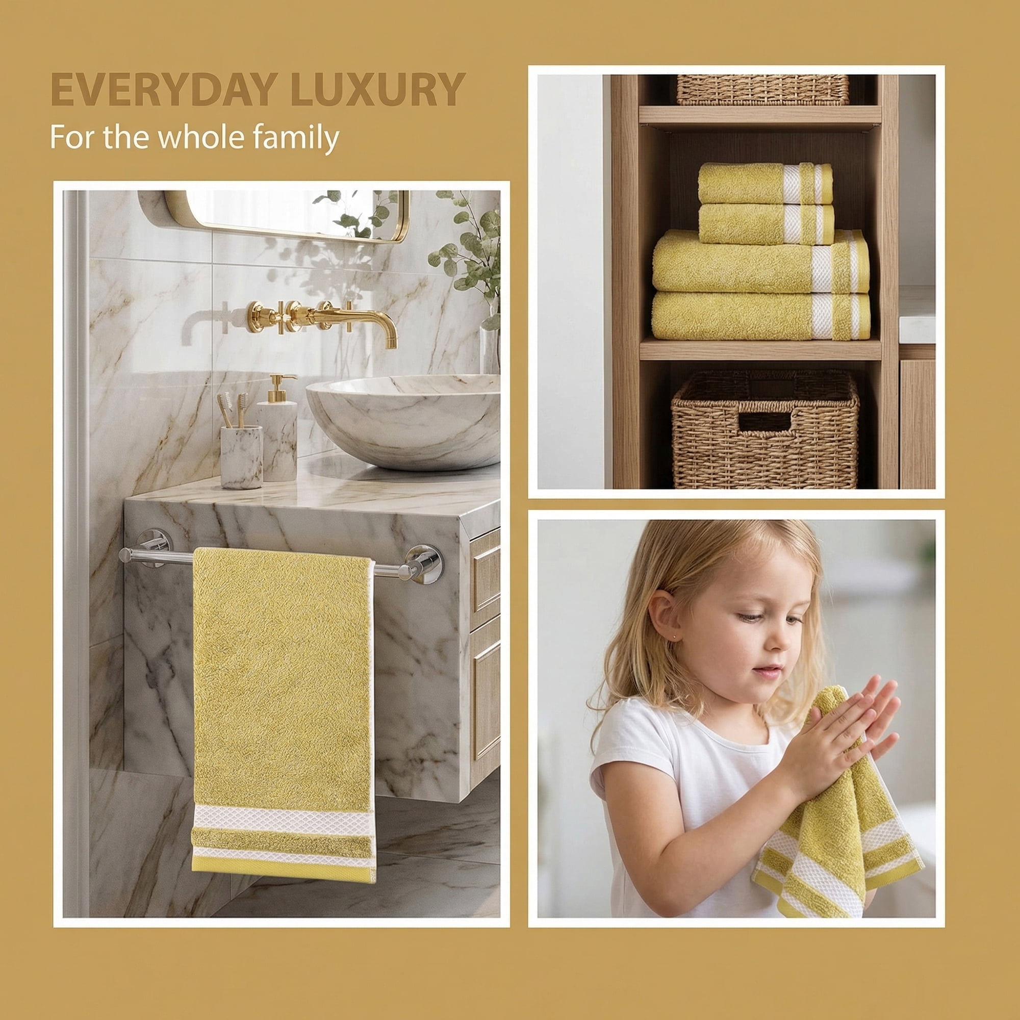Unique Bargains Cotton Hand Towels with Textured Stripe Border Yellow 29" x 13"