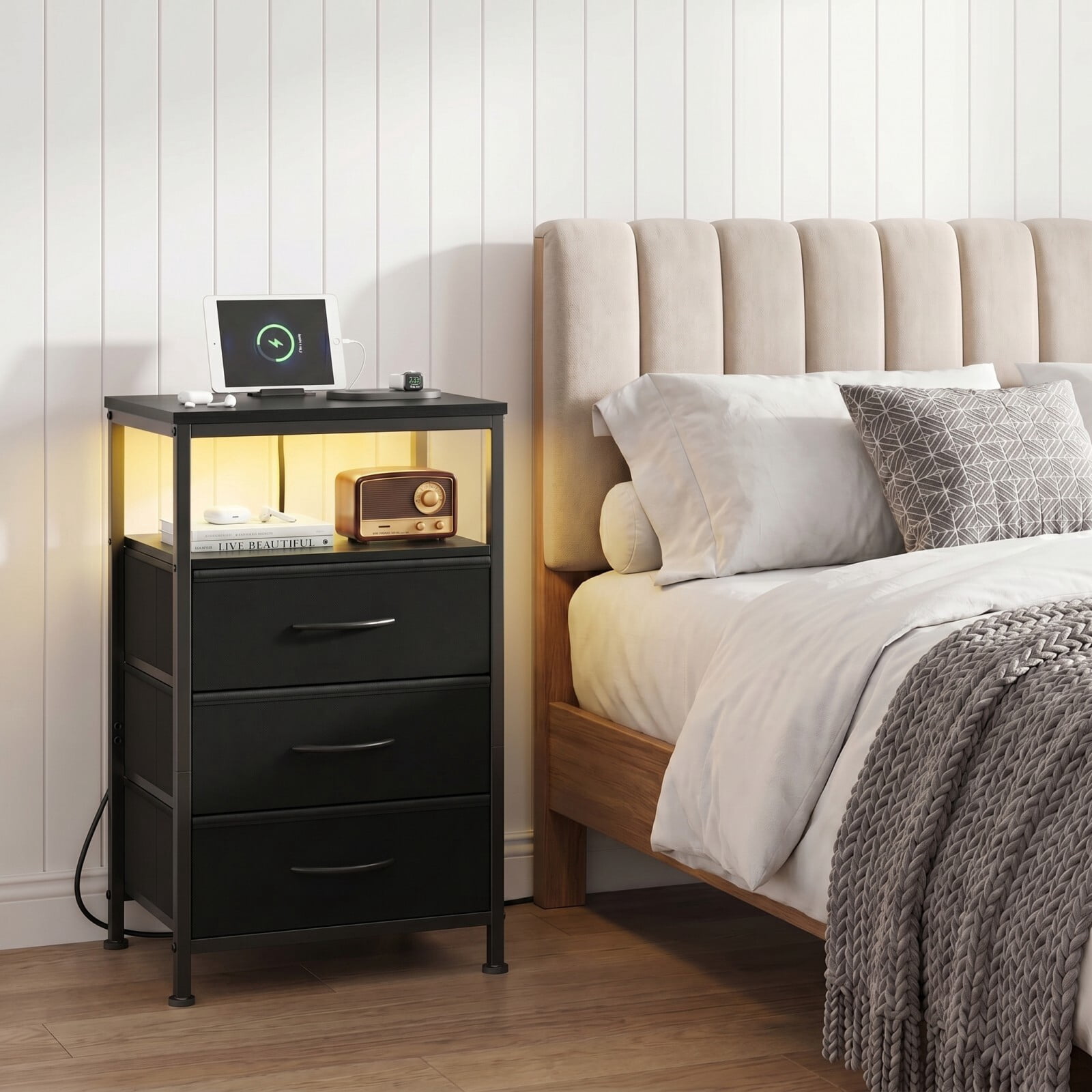 Kelno 3-Drawer Nightstand with Charging Station AC Outlets LED Light Dresser Bedside Table, Black