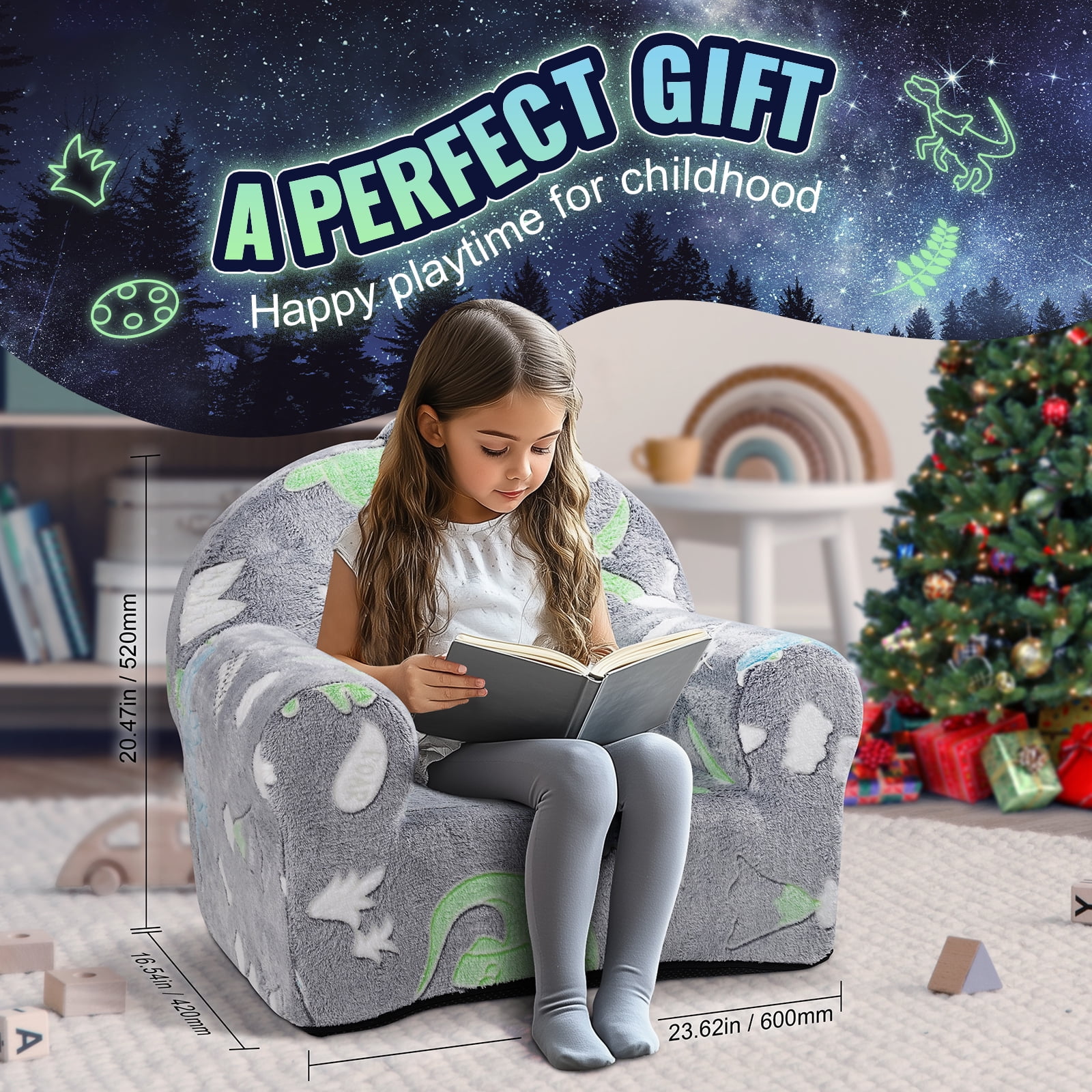 KFFKFF Children's Chair, Comfortable Armchair for Toddlers, Convertible Couch Bed with Glow-in-the-Dark Feature, Playroom Seating for Children, Unisex Design, Grey