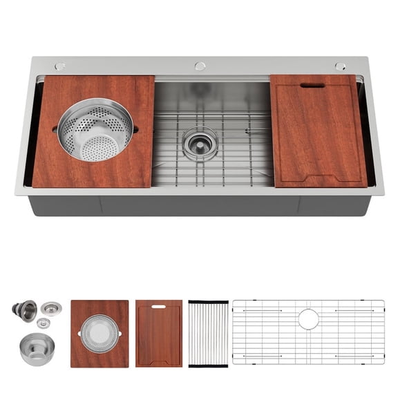 Sunrinx 42" x 21.2" Drop-In Workstation Kitchen Sink, 16 Gauge T304 Stainless Steel Single Bowl, 9" Deep Topmount with Prep Accessories
