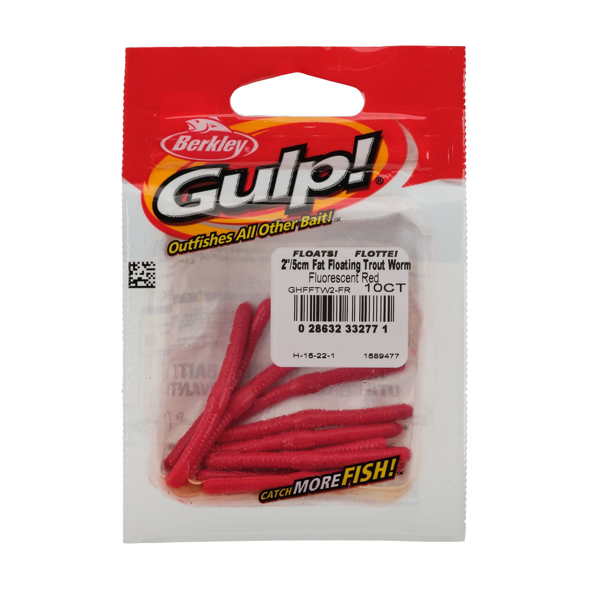 Berkley Gulp!® Fat Floating Trout Worm, 2 in, Worms, Fluorescent Red (10 Count)