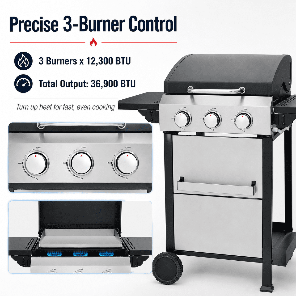 Enyopro 3 Burner Propane Gas Grill, Stainless Steel 36900BTU Barbecue Grill with Two Foldable Shelves, Cleaning Brush, 2 Wheels for Outdoor Cooking, for Patio Backyard and Camping