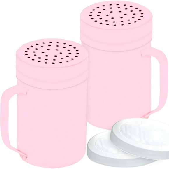 14oz Pink Stainless Steel Salt Pepper Dredge Shakers - with Plastic Cap - with Handle - Pack of 2