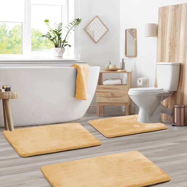 Set of 3 Clara Clark Bath Mat Bathroom Rug - Absorbent Memory Foam Bath Rugs - Non-Slip, Thick, Cozy Velvet Feel Microfiber Bathrug - Cream - Large 20"x32" - Small 17"x24" - Contour 24"x20"