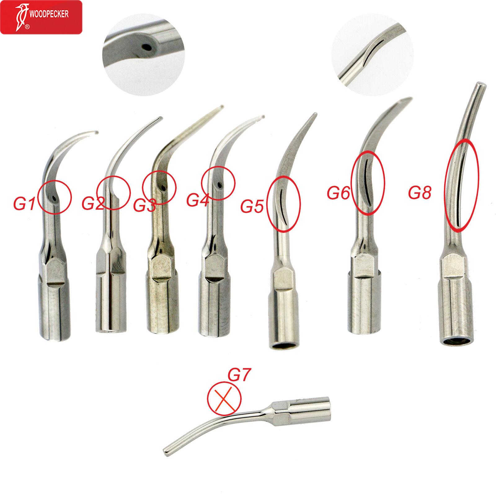 Woodpecker GD1-GD5 Ultrasonic Piezo Scaler Tips For EMS Handpieces - Dental Fit