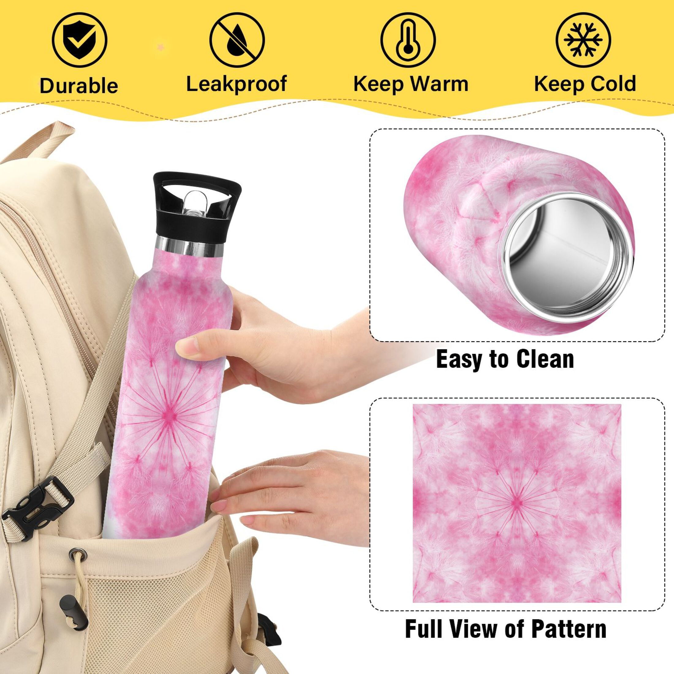 600ML Stainless Steel Insulated Cup Sports Water Bottle Portable Thermos Cup Water Glasses Insulated Tumblers Convenient and Durable Pink Dandelion