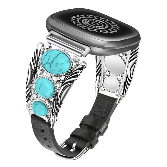 TOYOUTHS Leather Band Compatible with Versa 4/Versa 3/Sense 2/Sense Band, Turquoise Watch Bands for Women, Vintage Bohemian Ethnic Antique Jewelry Style Strap for Versa 4