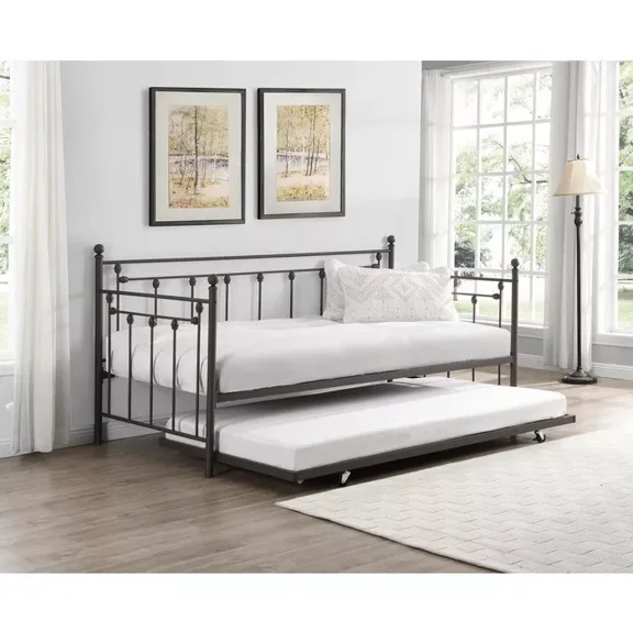 Victorian Style Metal Daybed with Trundle Twin/Twin Size Living Room Sofa Bed, Copper