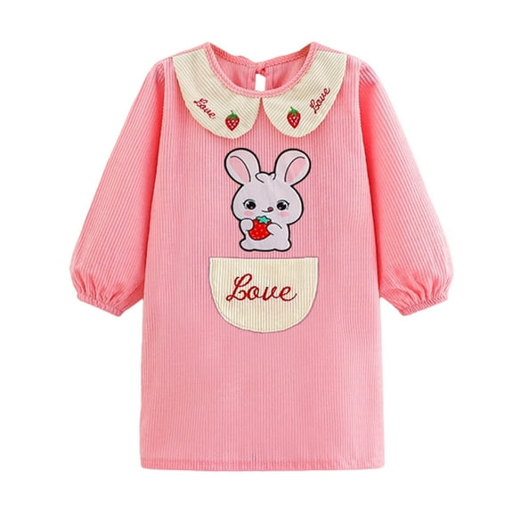 Cethrio Kids Girls Eating Bibs, Long Sleeve Mid-length Crew Neck Cotton Feeding Smocks Clothes Pink Size 2-4T