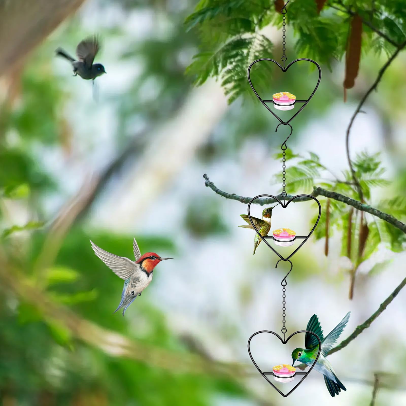 3 Pcs Hummingbird Feeders for Outdoors Hanging, Metal Nectar Feeders Circular Heart for Outdoors Hanging Ant and Bee Proof for Outside Garden, Backyard, Patio & Deck (Heart Shaped)