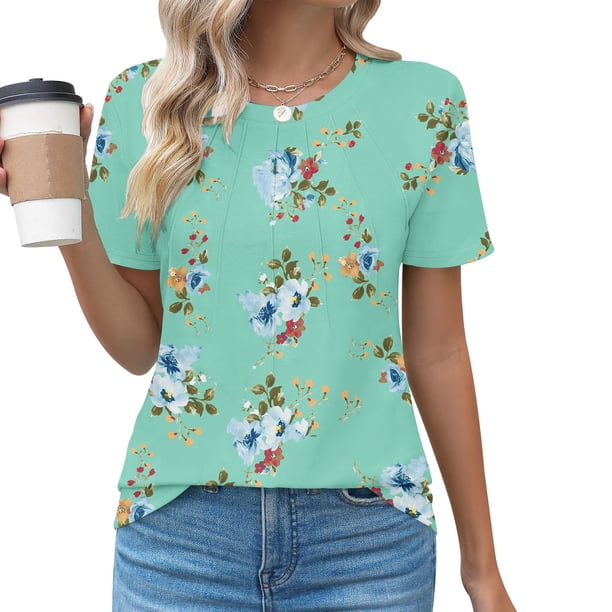 Fiudx Tops para Mujer Top de Primavera/Verano de Manga Corta Informal de Moda con Cuello Redondo para Mujer