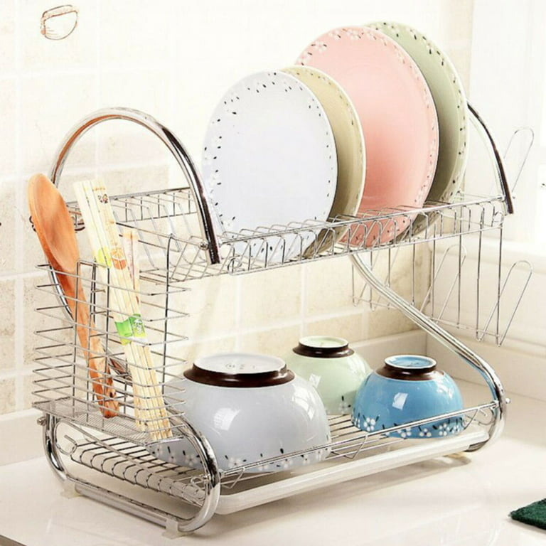 Dish Drying Rack, and Drain Board Set - Chrome 2-Tier Dish Rack, With  Removable Drainboard and Utensil Holder - Dish Drainer For Kitchen  Countertop or