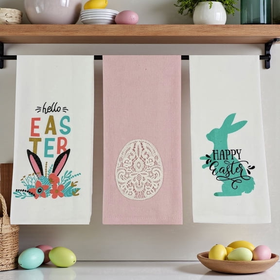 Serafina Home Happy Easter Spring Kitchen Dish Towels, 3 Pc. Set: Lace Egg And Hello Easter