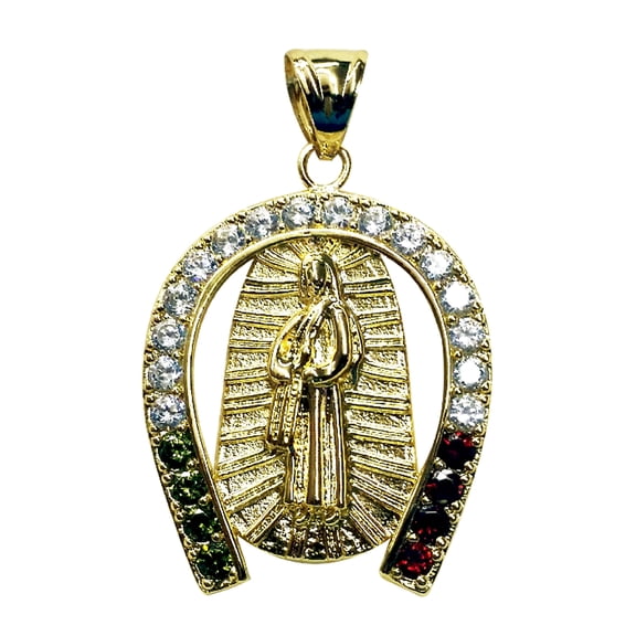Designice   14kt GP Virgin Mary Guadalupe & Horseshoe CZ Pendant - Dije Virgen De Guadalupe Con Herradura