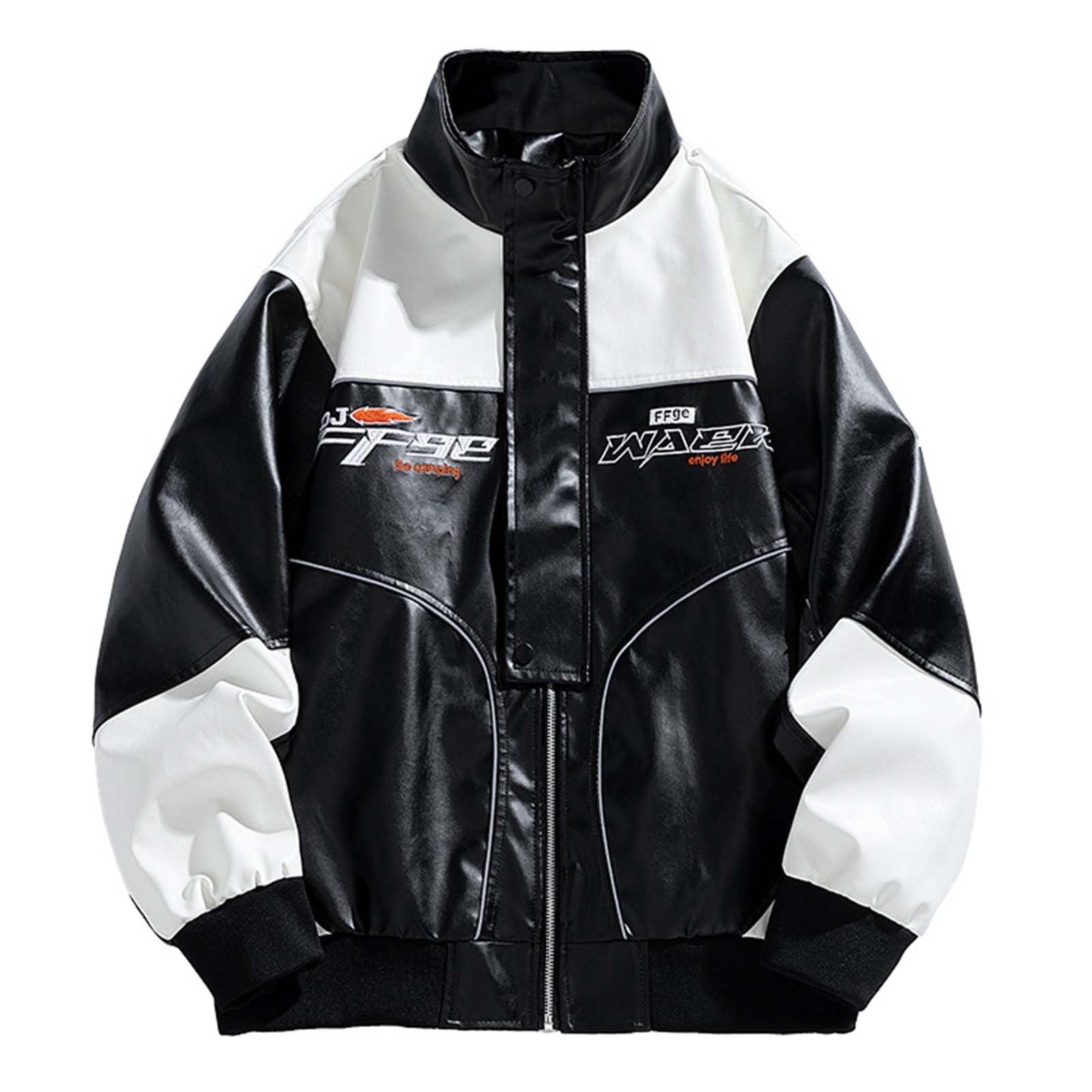 YLSDY Men Patchwork PU Leather Jacket Motorcycle Coat Bomber Retro Color Block Print Waterproof Outwear Streetwear Black XXXL