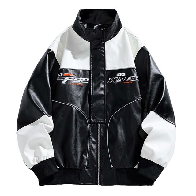 Men's Embroidered Motorcycle Jacket with Zipper and Button Closure, Inner Pocket, Faux Leather, Long Sleeve Stand-Up Collar for Biker, Casual, and Night Out