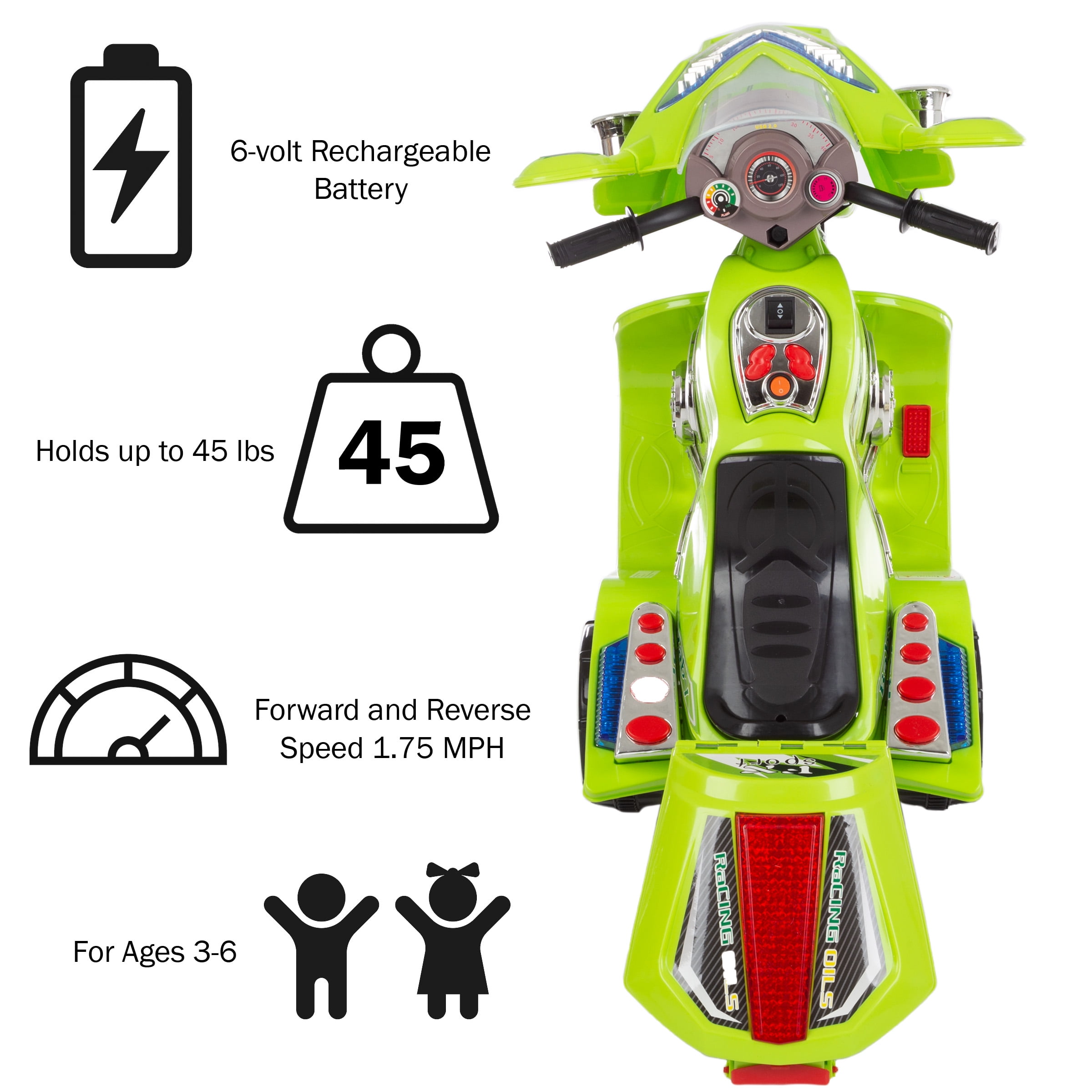 Lil’ Rider 3-Wheel Battery-Powered Electric Motorcycle for Kids 3-6 (Green)
