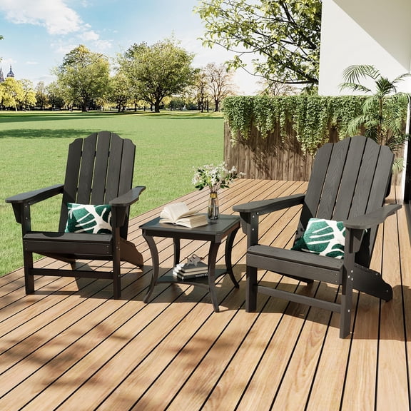 Adirondack Chairs Set of 2, Weather-Resistant HDPE Patio Lounge Furniture,Wood Grain Outdoor Chairs for Garden, Deck, Backyard, Poolside, Black