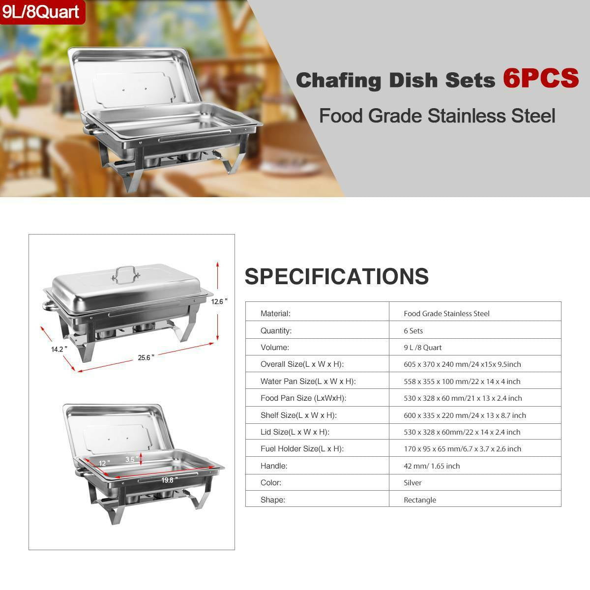 9L/8Q 6Pack Chafer Chafing Dish Sets Pans Stainless Steel Food Warmer Full Size
