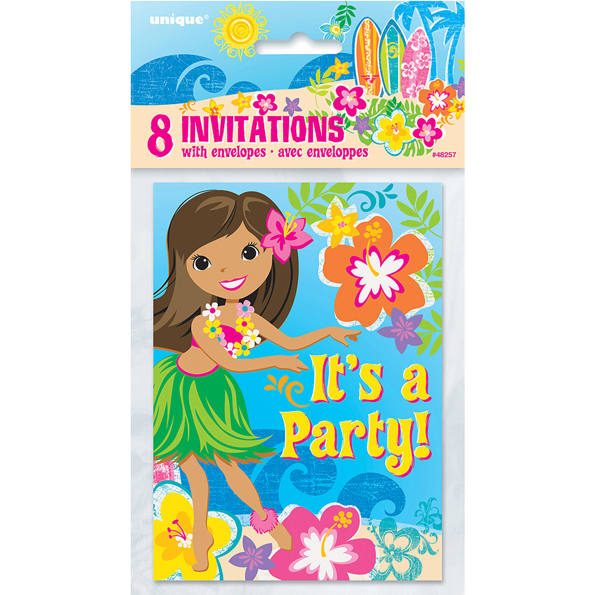 Hula Beach Party 8 Invitations Envelopes Hawaiian Girl Lei Surf Board - image 1 of 1