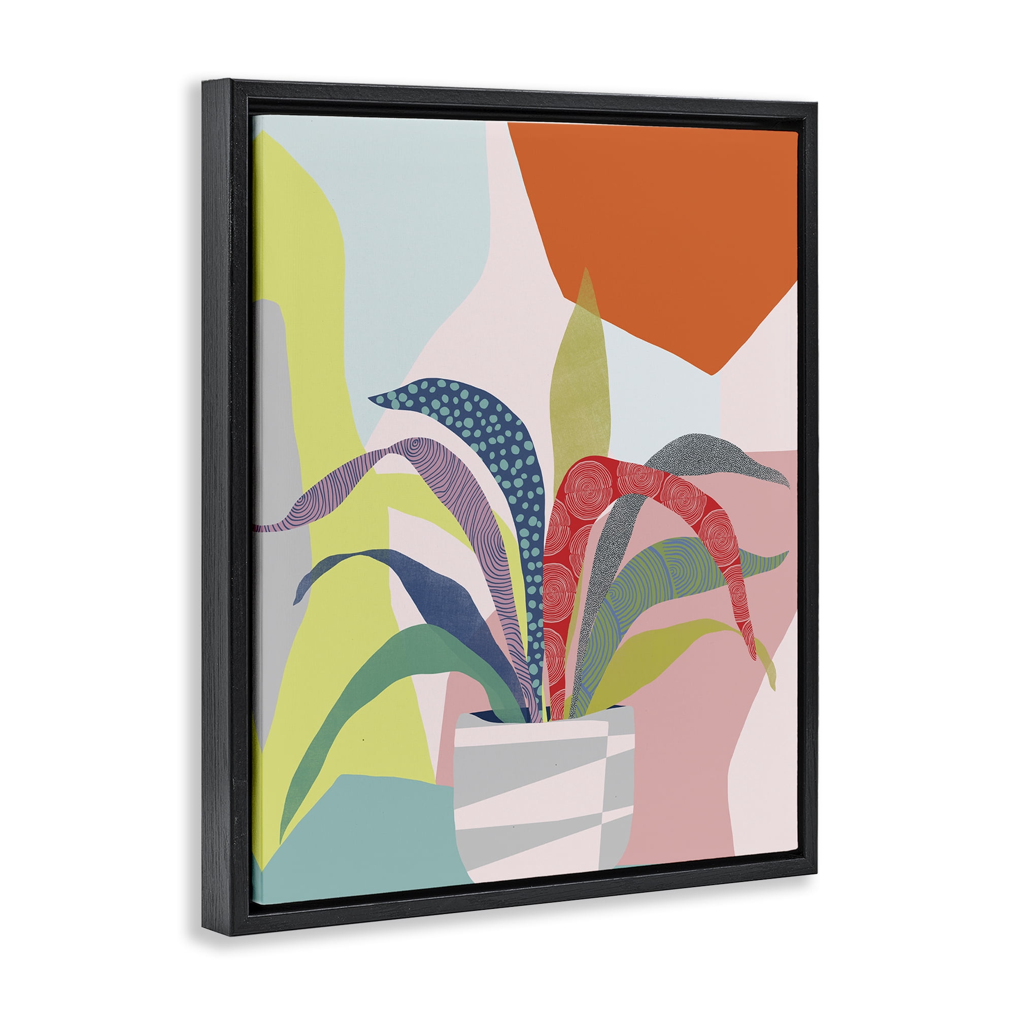Stupell Industries Modern Geometric Plant Leaves Plants & Flowers Painting Black Floater Framed Canvas Art Print Wall Art, 25 x 31