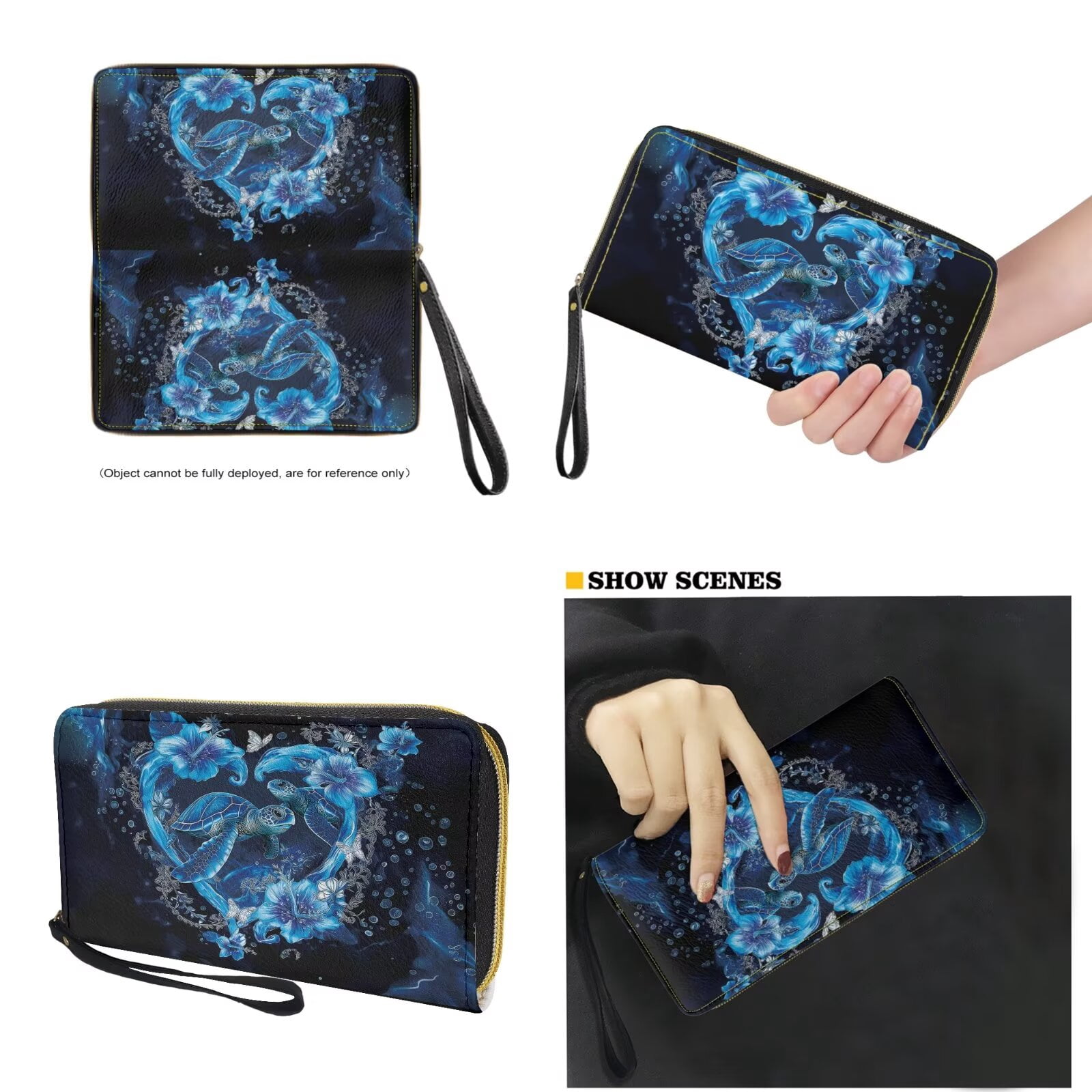 TSOVTHRID Sea Turtle Hibiscus Floral Print Tote Bags for Women Black Top Handle Satchel Purses Set PU Leather Women's Tote Shoulder Bag with Matching Wristlet Wallet