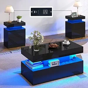 VANACC 3 Piece Living Room Table Set, Modern High Gloss Coffee Table Set with LED Light, 2 End Side Tables with Charging Station for Living Room,Black