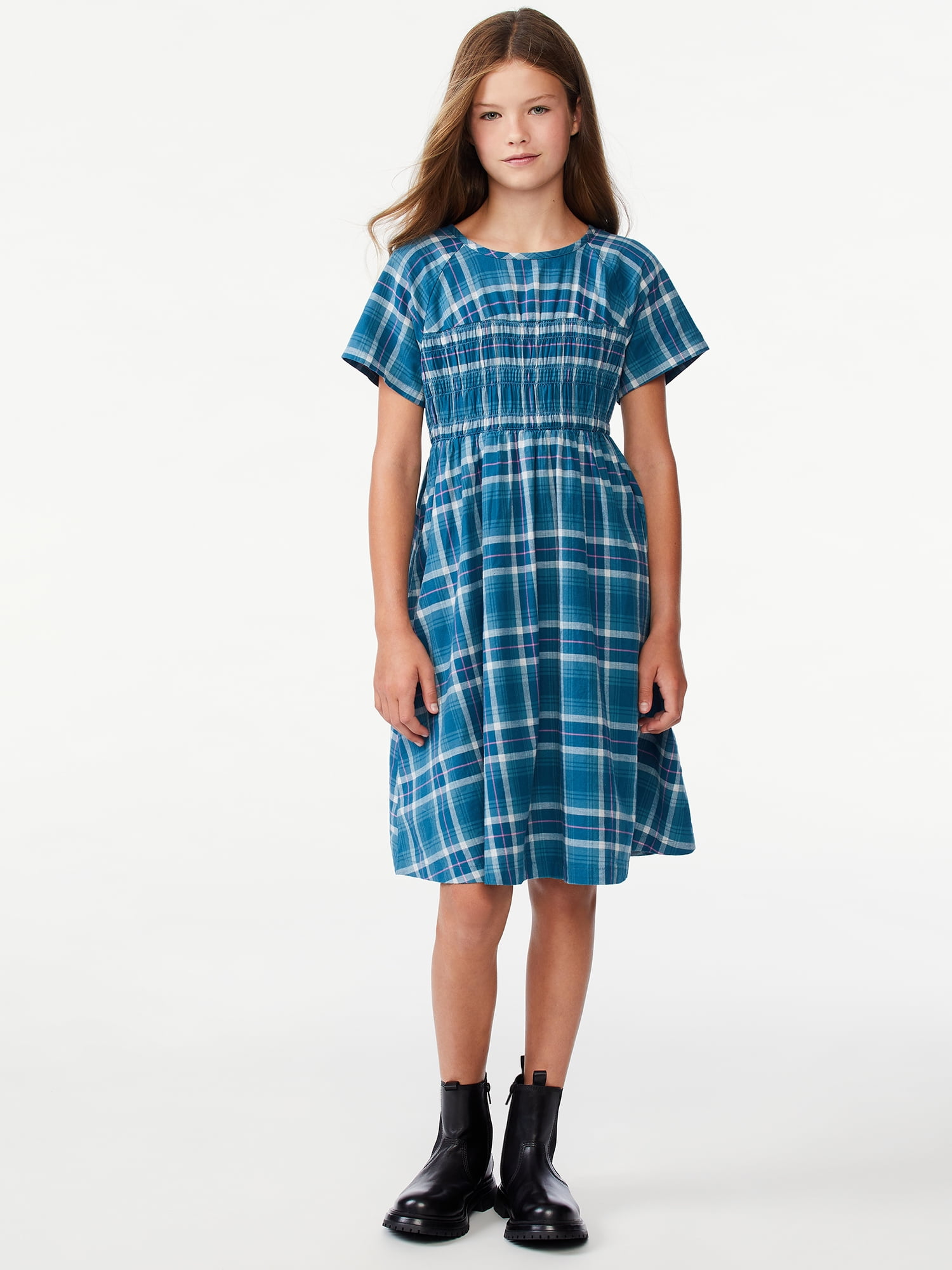 Free Assembly Girls Plaid Dress with Short Sleeves, Sizes 4-18