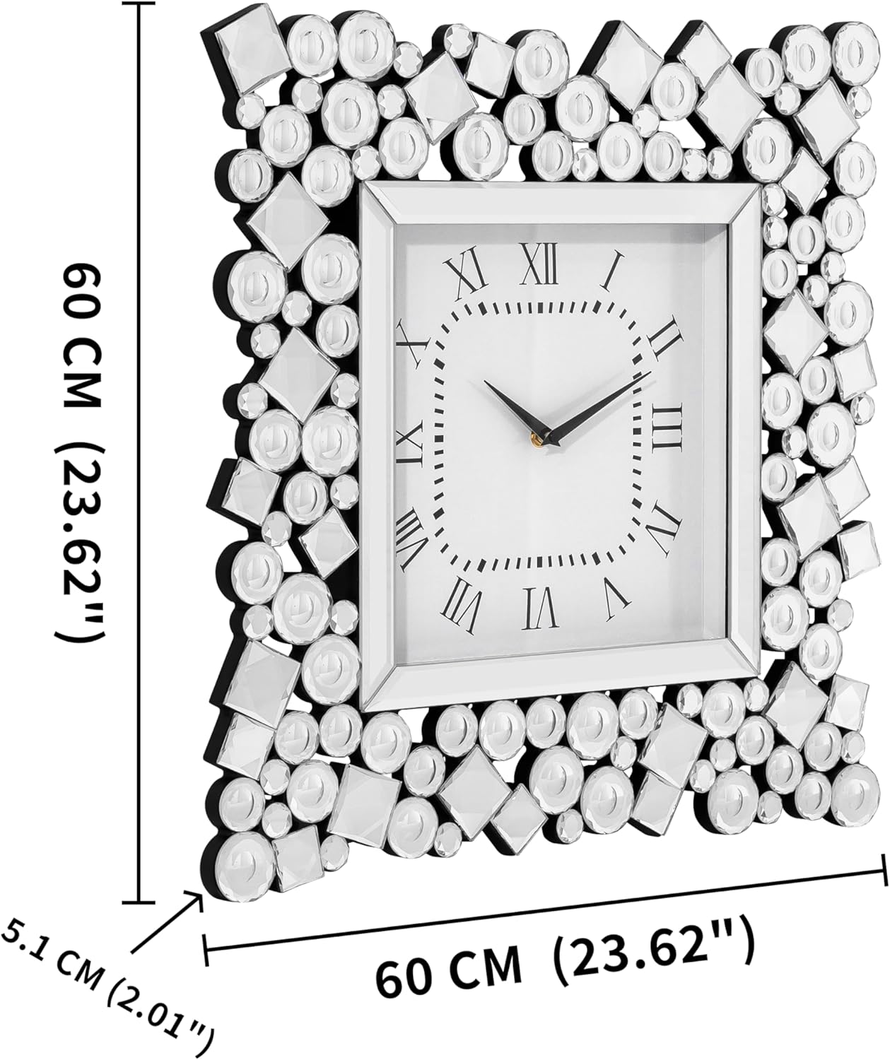 SHYFOY 20" Crystal Wall Clock, Modern Square Mirror Wall Clock with Roman Numerals, Silent Non-Ticking Luxury Wall Decor for Living Room Bedroom Office