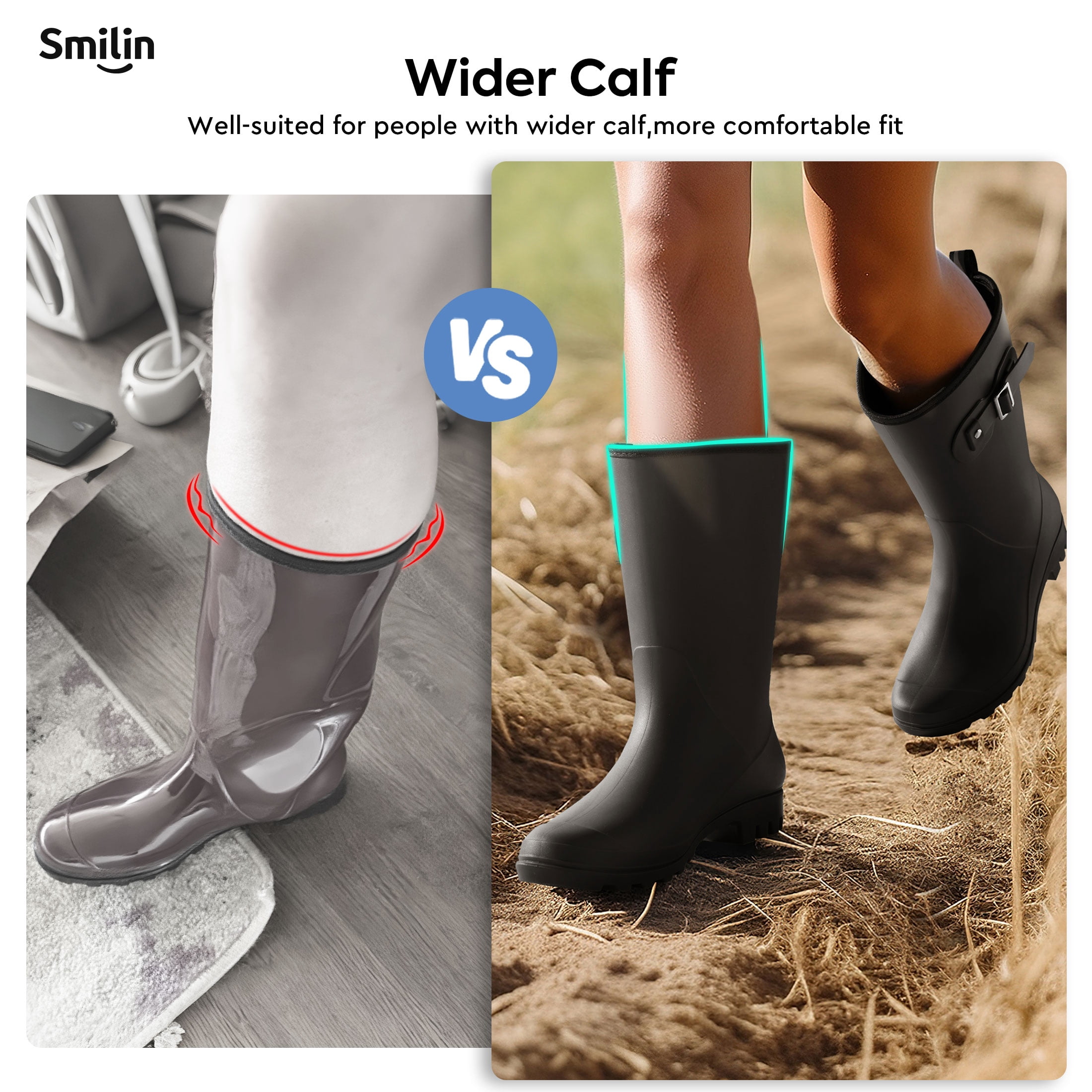 SMILIN Wellington Wide Calf Rubber Rain Boots for Women Black Size 8