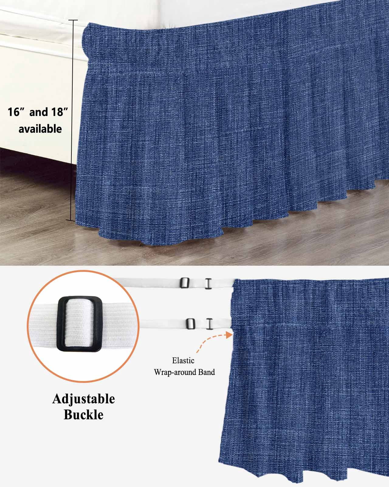 Navy Blue Linen Bed Skirt Queen Size 16 Inch Drop, Farmhouse Pure Color Country Vintage Adjustable Elastic Dust Ruffles Bedskirt for Queen Bed Wrap Around Pleated Mattress Frame Cover