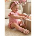 thumbnail image 6 of BemeyourBBs Baby Girls First Birthday 2 Piece Outfits One Years Birthday Clothes Waffle Knit Letter Bow Embroidery Flying Sleeve Round Neck Romper and Shorts Headband Set, 6 of 7