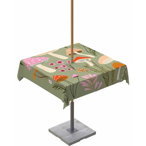 Fsddascl Sage Green Mushroom Outdoor Tablecloth - 54x54 Inch Square Dining Table Cover, Spring Blooms Botanicals Waterproof Outdoor Table Cloth with Umbrella Hole & Zipper for Picnic/Patio/Party