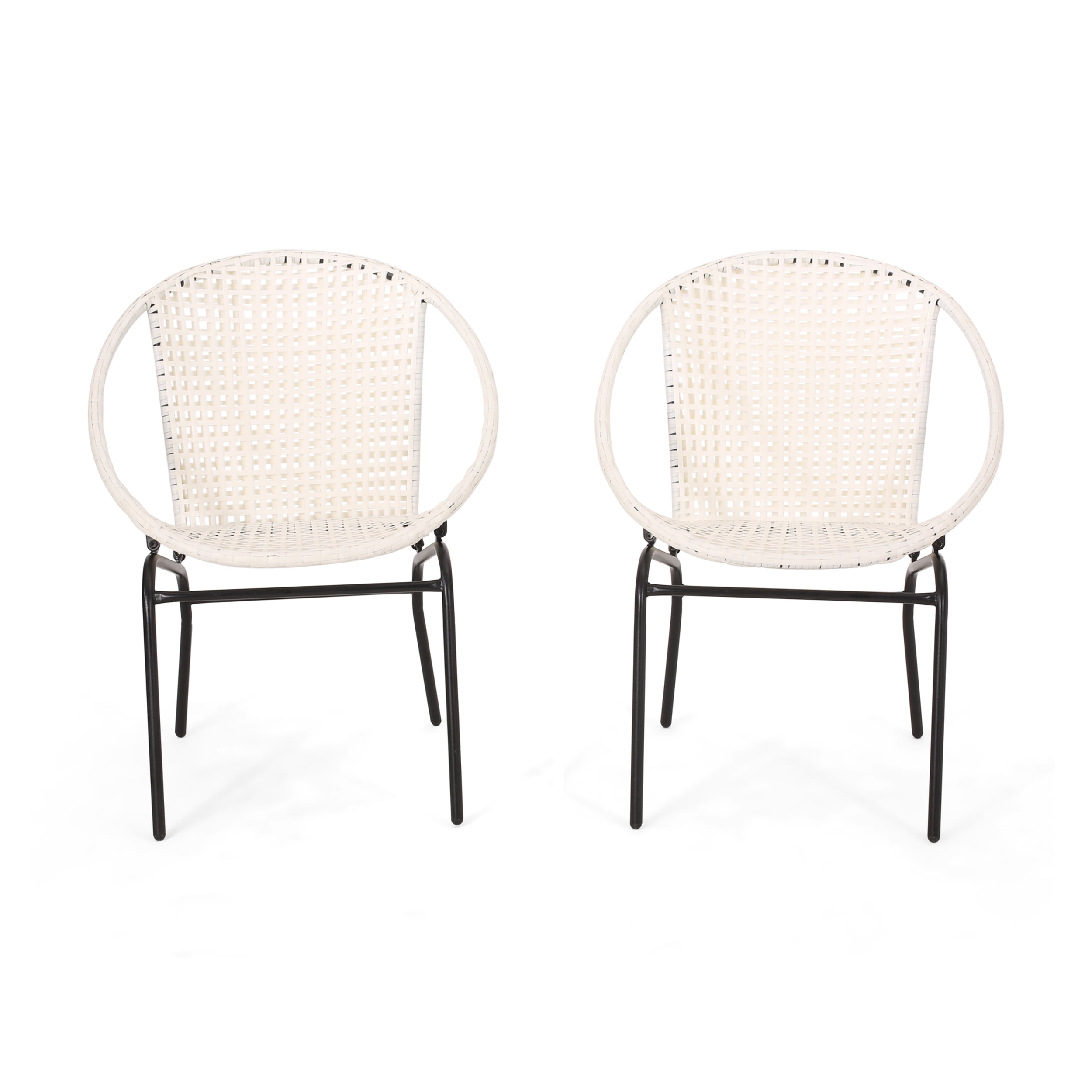 Noble House Edmundo Outdoor Modern Faux Rattan Club Chair, Set of 2, White and Black
