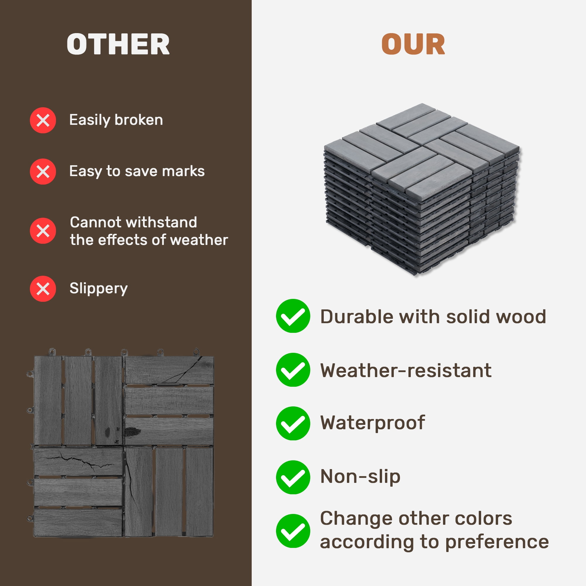 30 PCS Light Gray Acacia Hardwood Interlocking Deck Tiles Checker Pattern 12"x12" Outdoor Flooring for Patio Balcony Pool Side Garden Porch