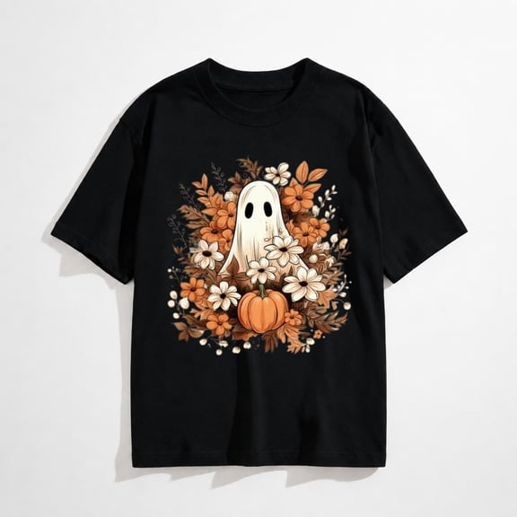 Halloween Ghost Pumpkin Floral Graphic T-Shirt for Women, Cute Spooky Fall Short Sleeve Casual Shirt