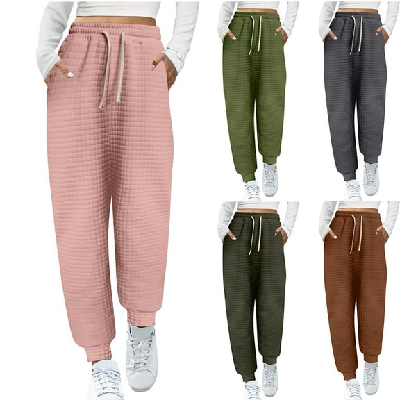 Zpanxa Women's Winter Waffle Knit Sweatpants Solid Color Loose Fit Elastic Waistband Pocket Cozy Fleece Lounge Pants Cold Weather
