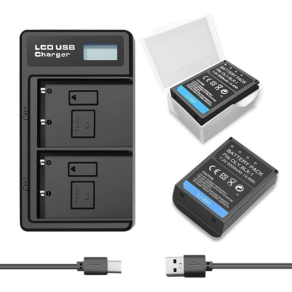 BLX-1 Battery 2 Pack with LCD Display USB-C Dual Battery Charger Kit Replacement for Olympus OM System OM-1 Mirrorless SLR Camera [7.2V 14.4wh]