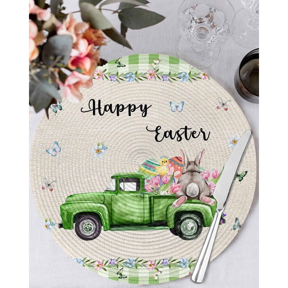 15 Inch Round Placemats Set of 4, Easter Non Slip Heat Insulation PP Table Mats, Spring Truck Rabbit Flowers Eggs Green Check Washable Place Mats for Kitchen Dining Party Table Decor
