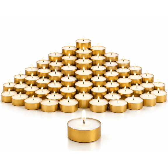 100 Pack Gold Tea Light Candles, Unscented Soy Wax Candles, 4-5 Hour Burn Time, Clean Burning, No Black Smoke, Ideal for Events, Weddings and Home Décor.