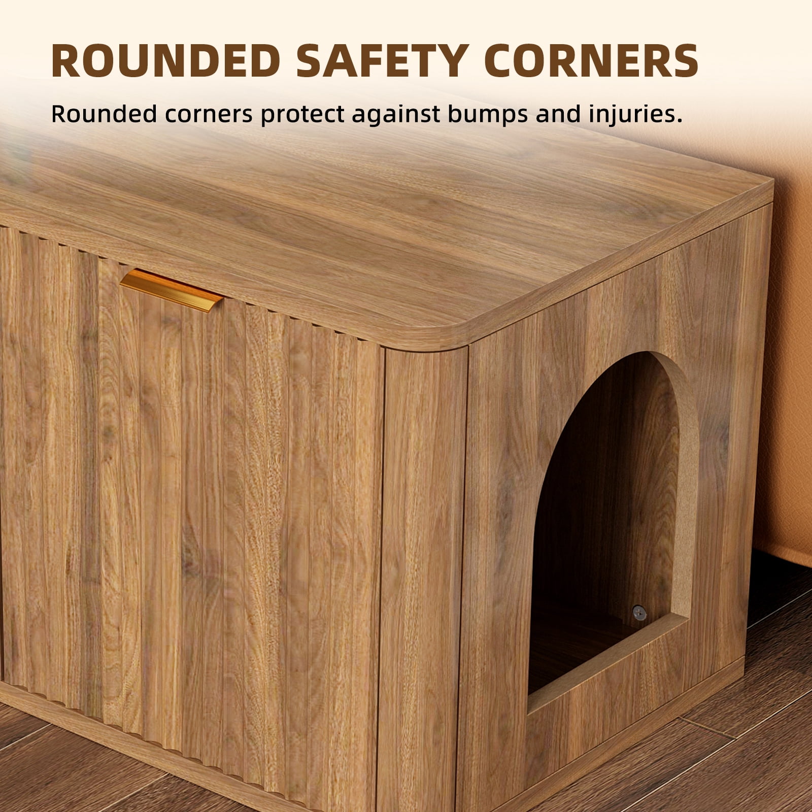 31.5" Walnut Cat Litter Box Enclosure, Mid Century Modern Fluted Hidden Litter Box Cabinet, Decorative Kitty End Table for Living Room, Bedroom and Entryway