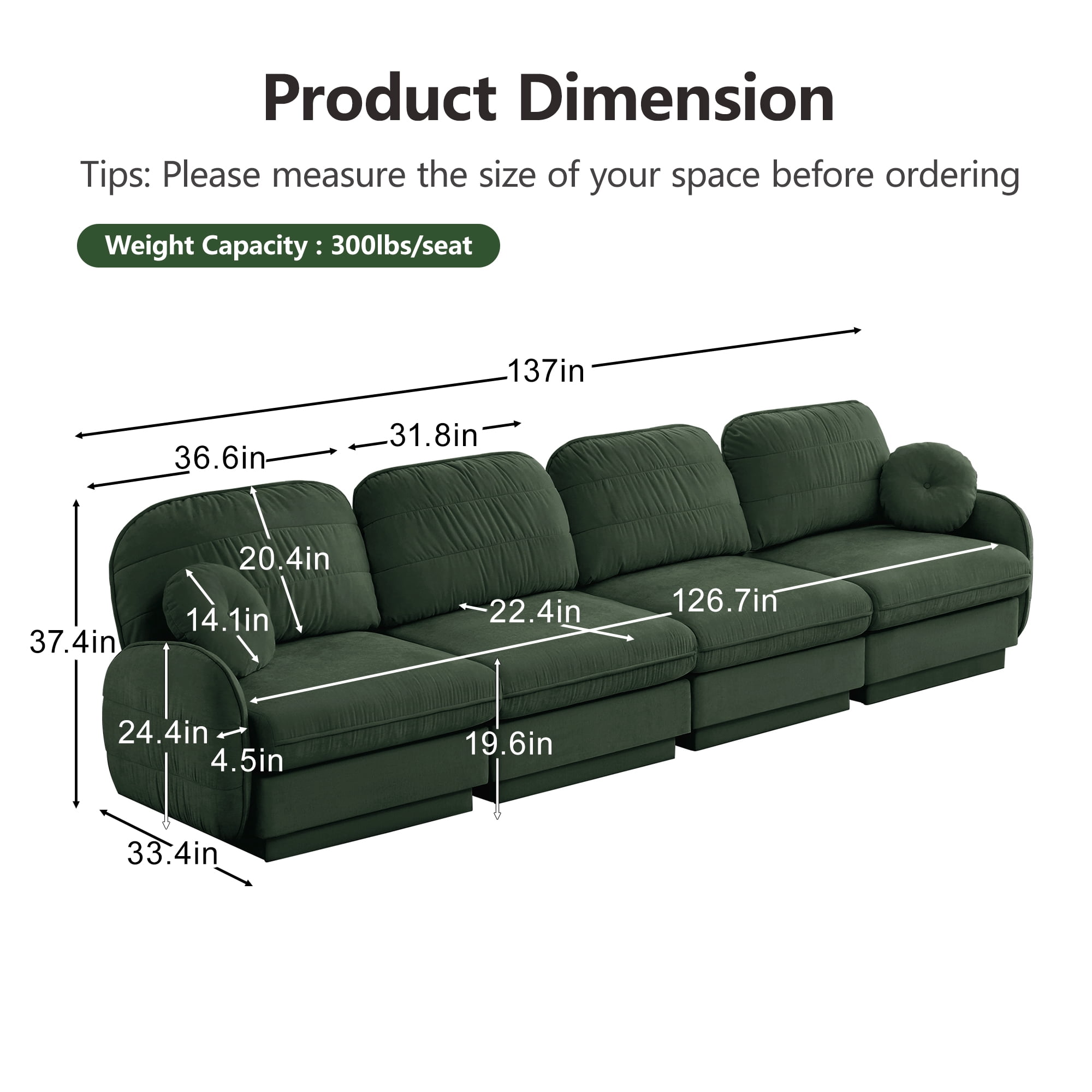 Mintazer 137" Chenille Cloud 4-Seater Modular Sectional Sofa with 2 Round Pillows, Easy Assembly Ergonomic Comfy Sofa Couch for Living Room, Apartment, Green