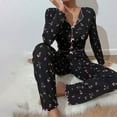 thumbnail image 2 of ZHENHONG Pajamas for Women, 2 Piece Long Sleeve Button Front V Neck Floral Print Lettuce Trim Pajama Set, Women's Sleepwear Black, 2 of 8