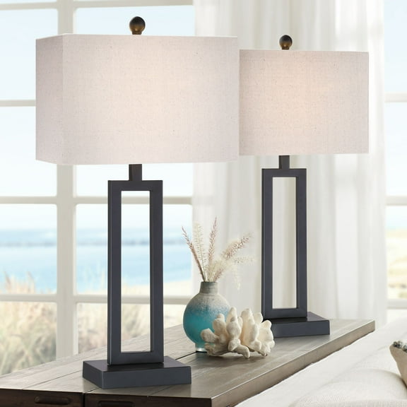 360 Lighting Aston Modern Industrial Table Lamps 26" High Set of 2 Rich Black Openwork Metal Off White Fabric Shade for Bedroom Living Room Bedside