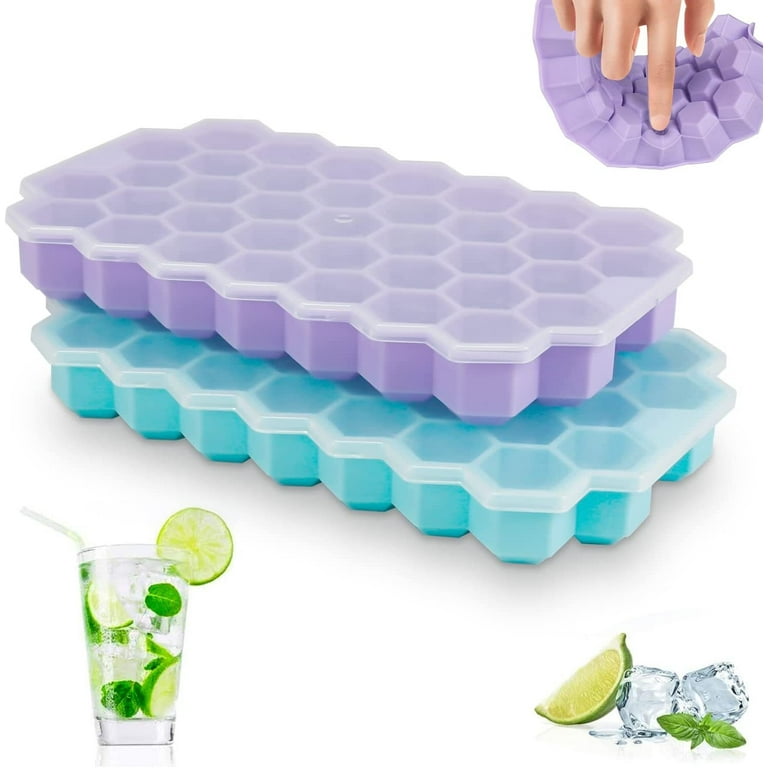 Ice Cube Trays with Lids 2 Pack Small Food Grade Silicone BPA Free for  Freezer Flexible Easy-Release Stackable Ice Cube Mold (Blue&Purple) 