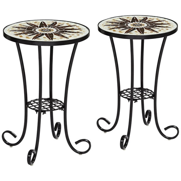 Teal Island Designs Rustic Black Round Outdoor Accent Side Tables 14" Wide Set of 2 Brown Mosaic Tabletop for Front Porch Patio Home House