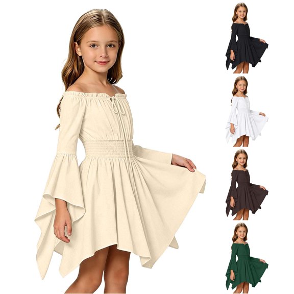 WAYUTE Toddler Girls Off the Shoulder Dresses High Elastic Waist Long Bell Sleeve Irregular Hem Solid Color Flared Dress Court Style Casual Holiday,Beige,Size 6-7 Y