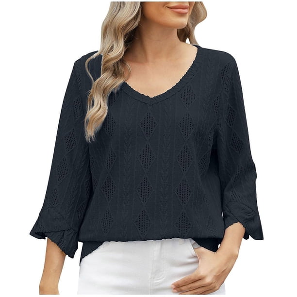 Women's hollowed-out V-neck blouse, elegant three-quarter sleeves, loose fit, belted waist, business casual work shirt White XXL