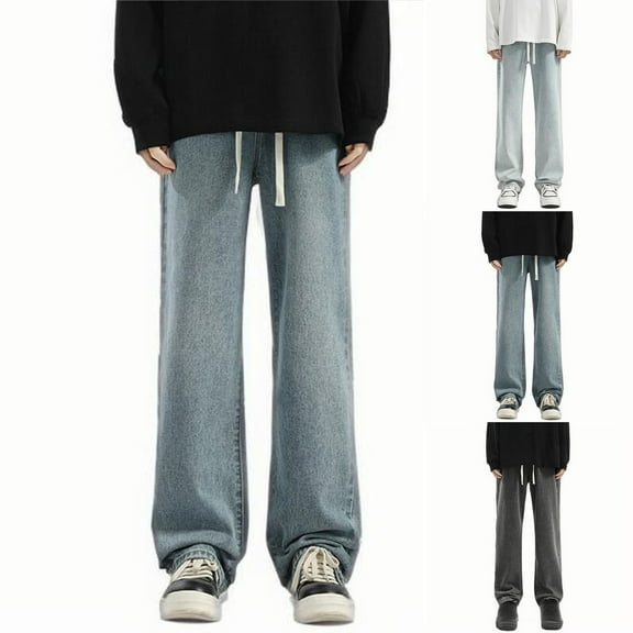 Pounoo New Denim Pants for Men Man Solid Color Acquard Pattern Rinsing Jeans Straight Barrel Trousers Wide Leg Pants Men Full Length Pants Black L