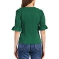 thumbnail image 3 of Blusa de chiffon semitransparente de manga corta con volantes y escote en V de INSPIRE CHIC para mujer, color verde esmeralda, 3 of 6